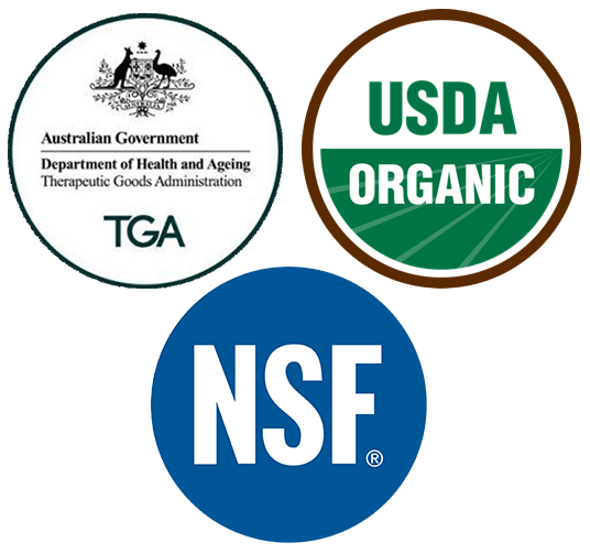 TGA - USDA Organic - NSF Certification logos